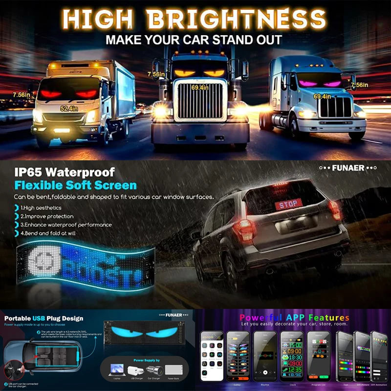 LED Truck Devil Eye Matrix Pixel Panel Remote App Control Soft Lighting Graffiti Scrolling DIY Programmable Flexible Screen