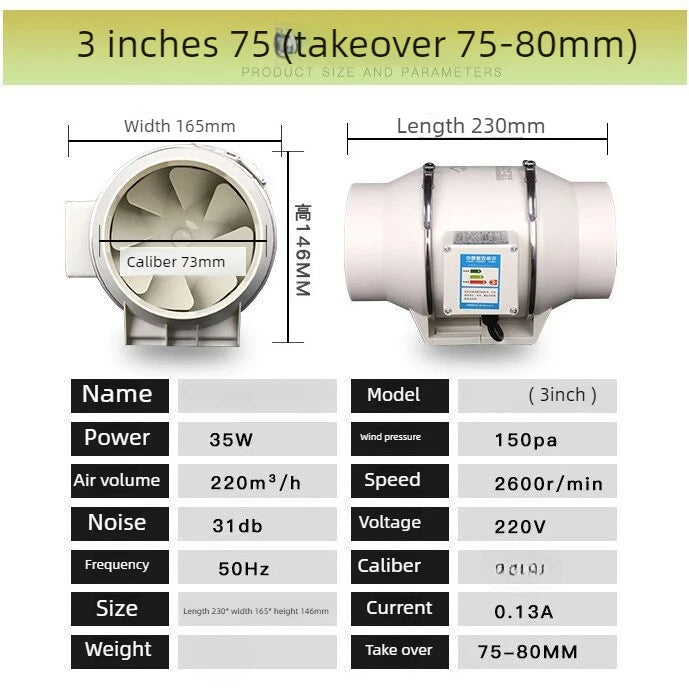 3inch Exhaust Pipe Fan Ventilation Fan Pipe Fan Inline Duct Fan Ventilation Exhaust Blower Fans Quiet For Ducting
