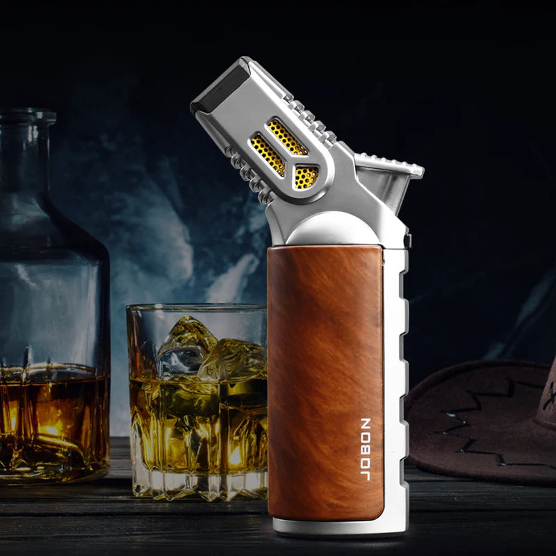 JOBON-Windproof Inflatable Cigar Lighter, Strong Four Blue Flame, Adjustable Size, Fixed Fire Lock Design, Torch Gun Cycle