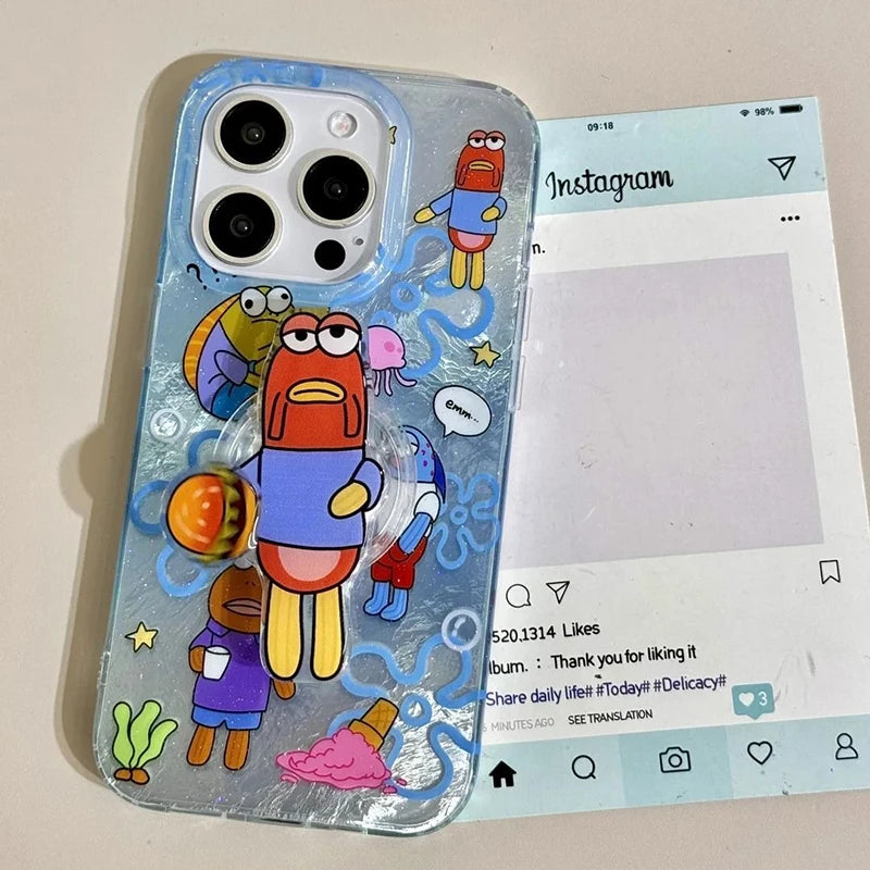 Debbie Fish Grip Tok Holder for iPhone 16 Pro Max 15 14 Plus 16E 14 13 Mini 12 11 XR 7 8 SE Dazzle Lustre Lining Hard Phone Case