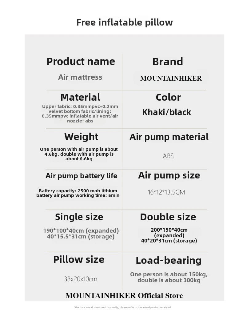 MOUNTAINHIKER New Interior Air Mattress Glamping Mats PVC Inflatable Sleeping Mattress 1/3 Person Camping Bed Mat Built-in Pump
