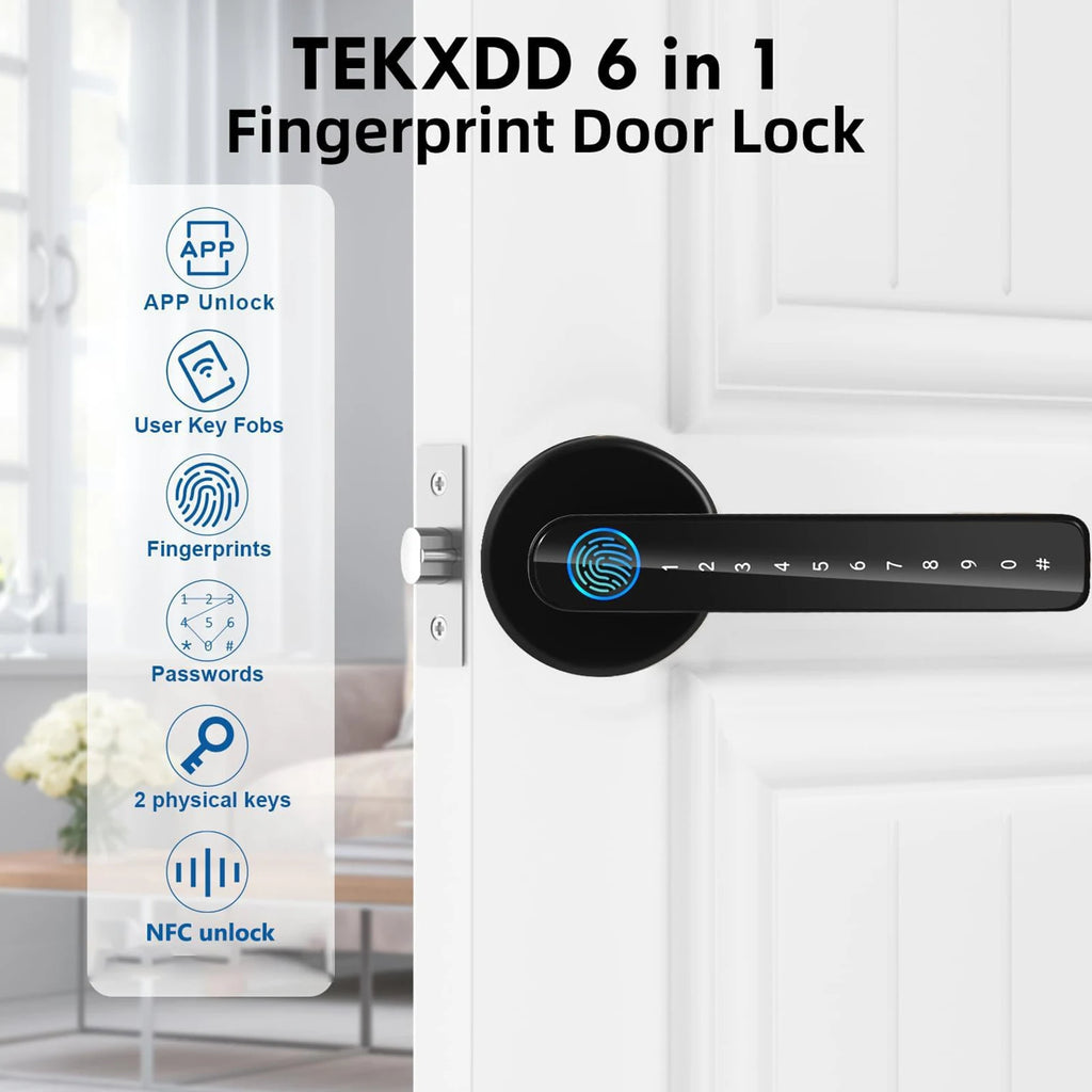 Fingerprint Door Lock with Handle Keyless Entry Door Lock with App Control/Key/IC Card for Home Hotel Office Apartment Bedroom