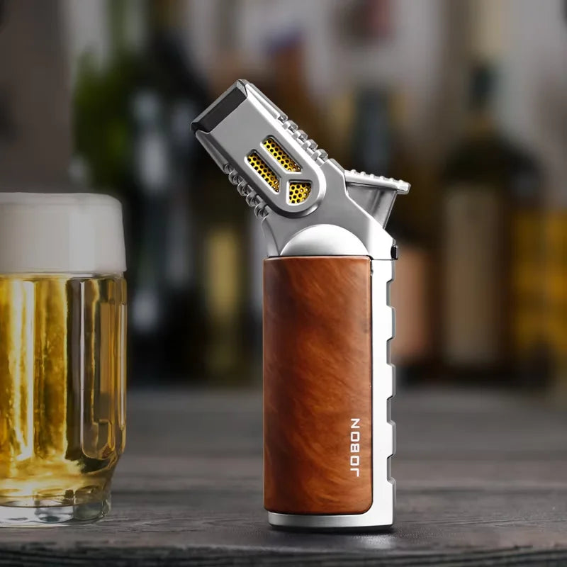 JOBON-Windproof Inflatable Cigar Lighter, Strong Four Blue Flame, Adjustable Size, Fixed Fire Lock Design, Torch Gun Cycle