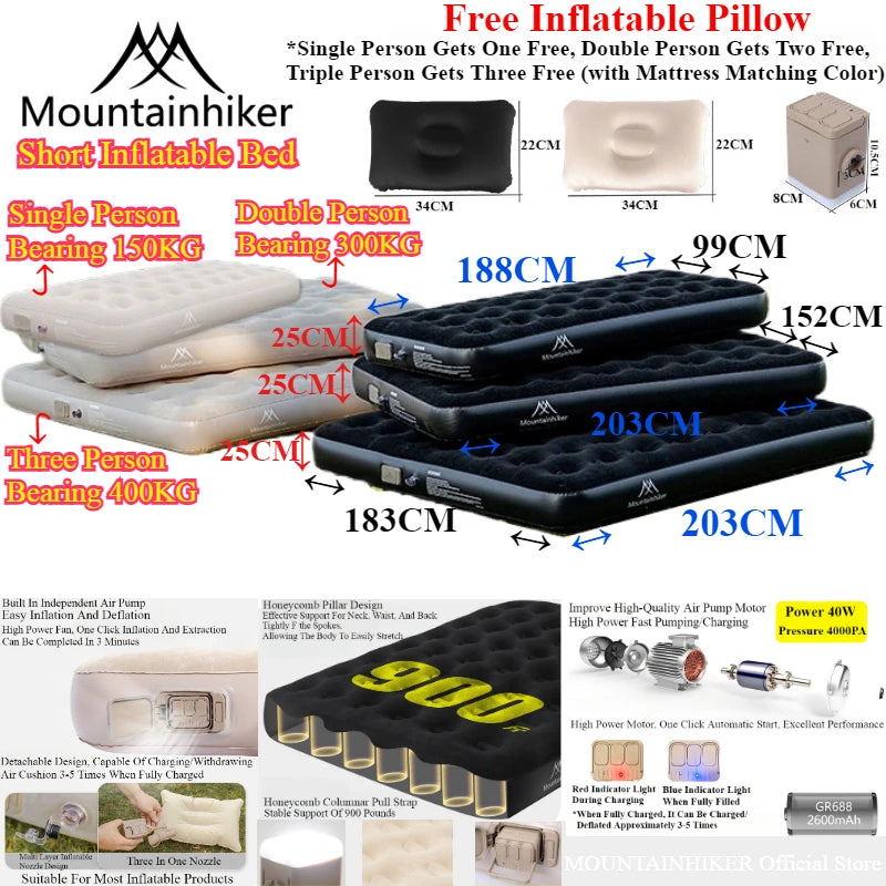 MOUNTAINHIKER New Interior Air Mattress Glamping Mats PVC Inflatable Sleeping Mattress 1/3 Person Camping Bed Mat Built-in Pump