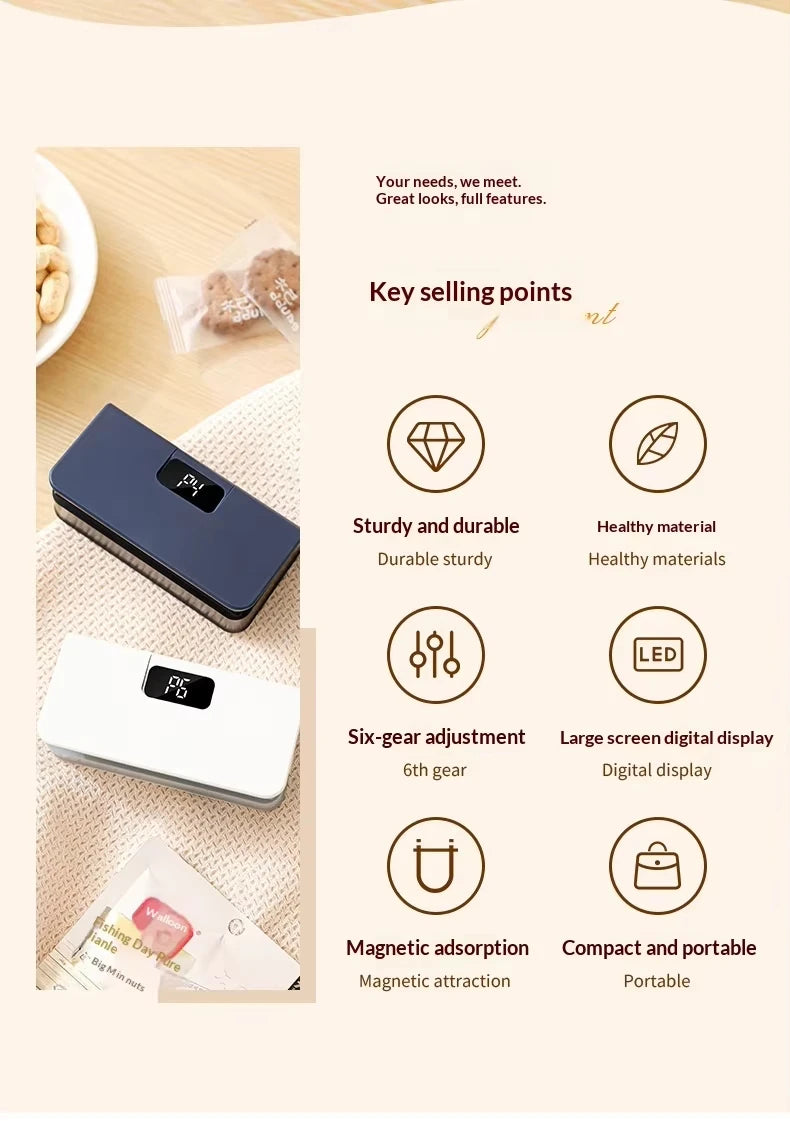 Rechargeable mini sealer with digital display, portable manual sealer, suitable for coffee, tea and snacks, ear-hook style.