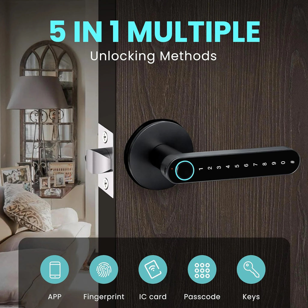 Fingerprint Door Lock with Handle Keyless Entry Door Lock with App Control/Key/IC Card for Home Hotel Office Apartment Bedroom