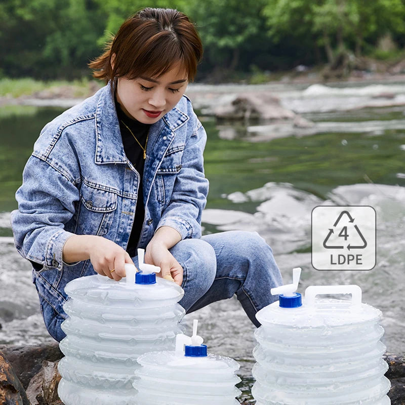PE Folding Water Bag Retractable Bucket Outdoor Collapsible Water Bag Portable Driving Water Tank Container Faucet Car Camping