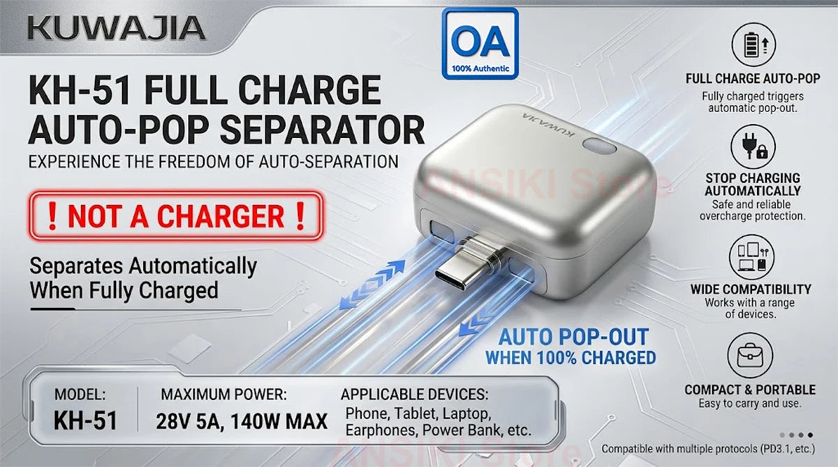 KUWAJIA KH-51 Original 140W Fast Charging Auto Pop-off Disconnector Full Charge Automatic Stop Device for Phone Tablet